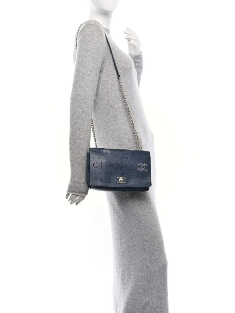 Chanel Calfskin Tweed Zip Top Pouch 2 Piece Eyelet CC Flap Bag Navy Shoulder Bag